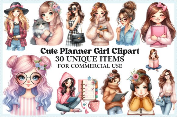 Download Cute Planner Girl Clipart Bundle - Premium Resources